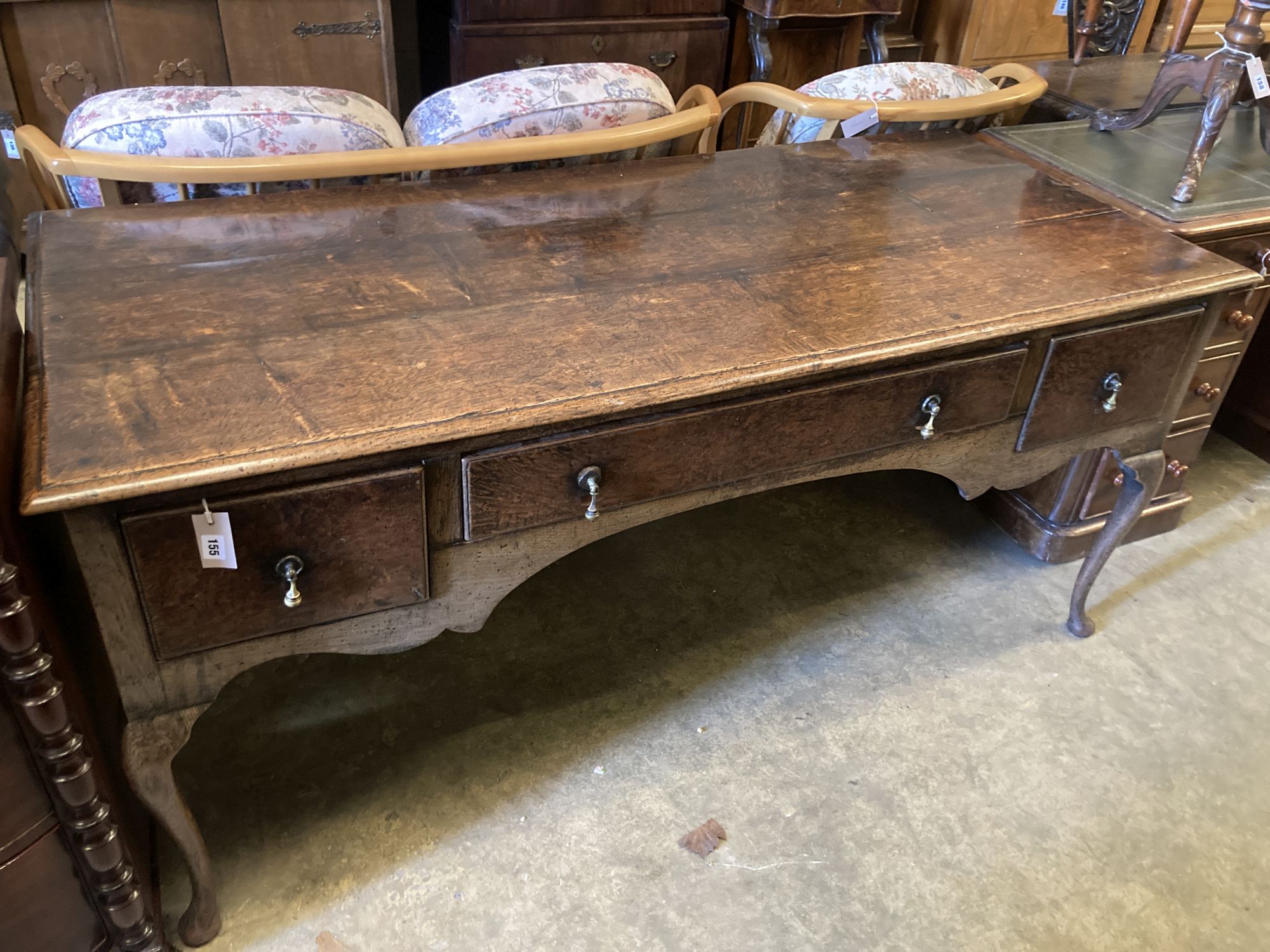 A Queen Anne-style oak side table, width 168cm, depth 74cm, height 76cm